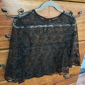 Sheer black embroidered black Zara crop top. Three quarter sleeve. Small